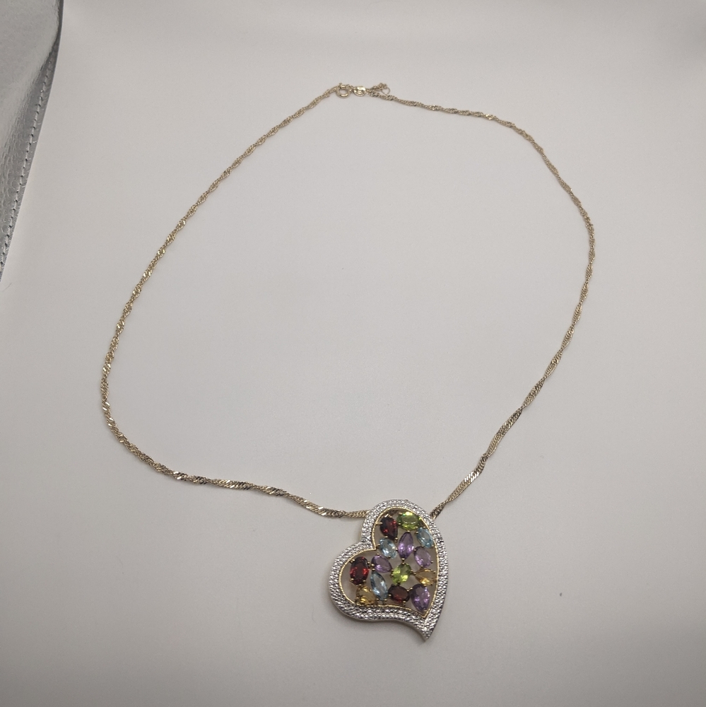 Multi-Gemstone Garnet Citrine Topaz Peridot Heart Pendant Necklace 14kGOSSilver